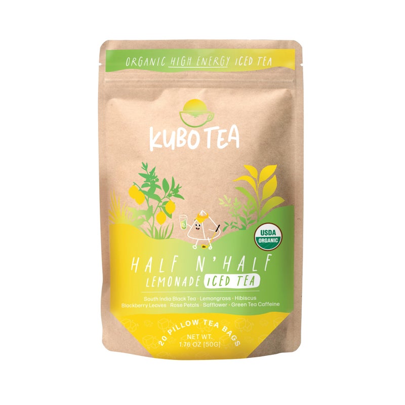 Kubo Tea Organic High Energy Iced Tea - High Caffeine Coffee Substitute with 20 Servings (155mg Caffeine each) - Pillow Tea Bags - Half & Half Lemonade Flavor w/Compostable & Biodegradable Packaging - Image 1